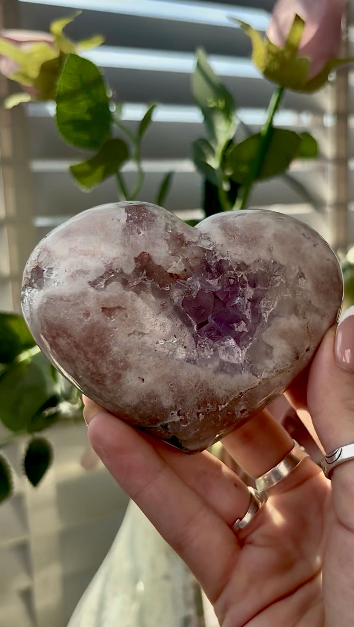Gorgeous, pink amethyst  heart with Jasper -comes with stand