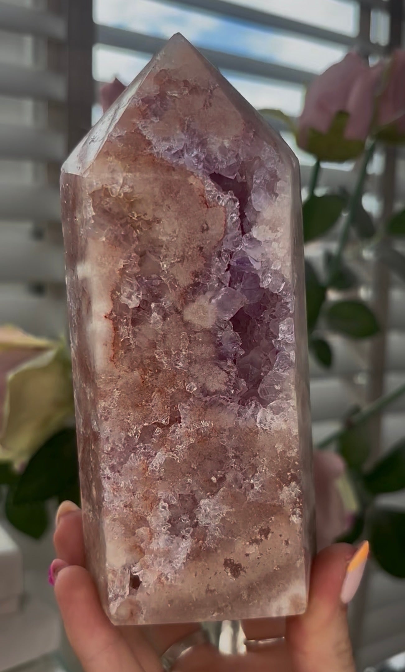 Beautiful Large, Pink amethyst tower with quartz druzy