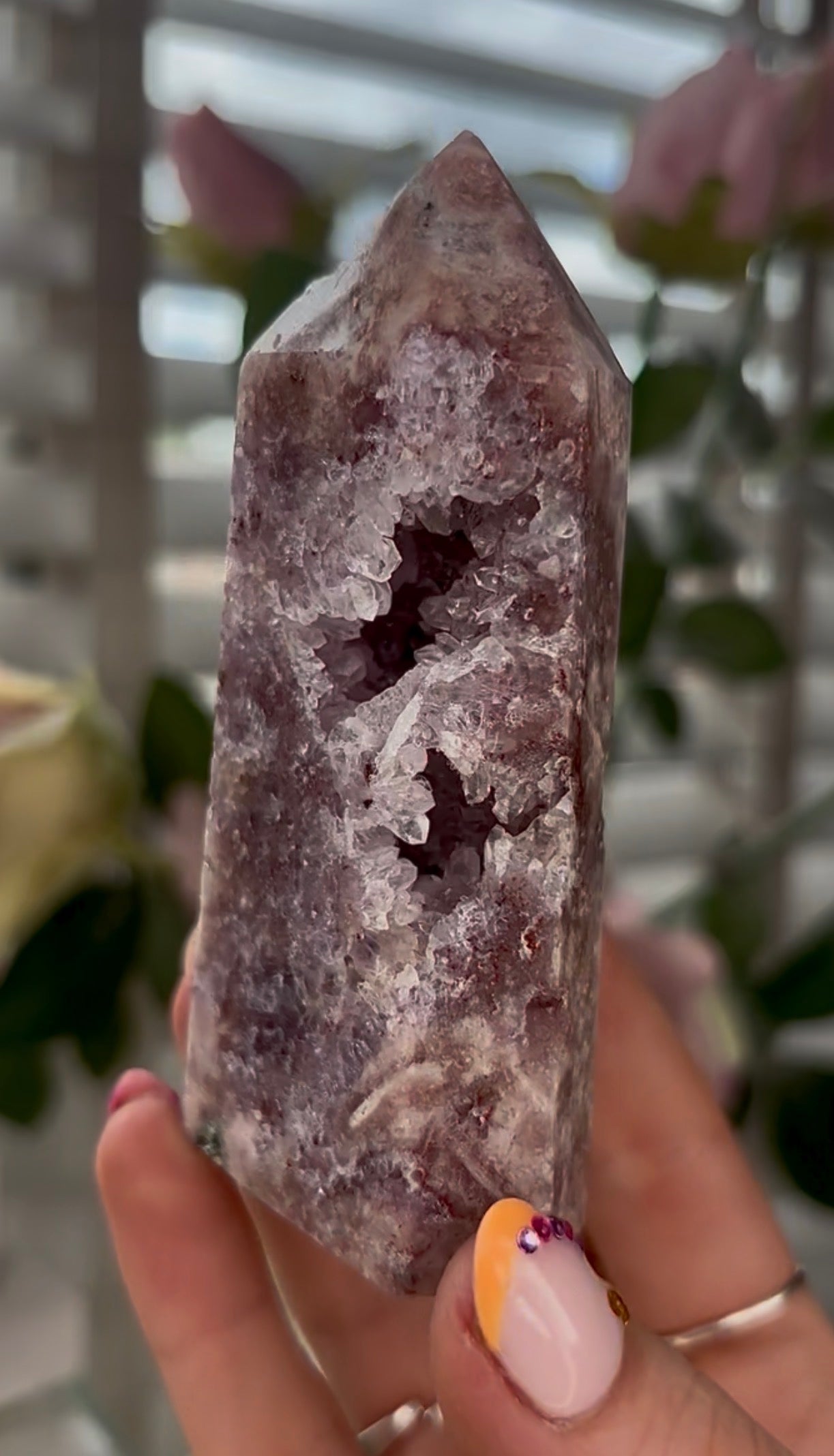 Pretty, Pink amethyst tower with Druzy & green Jasper