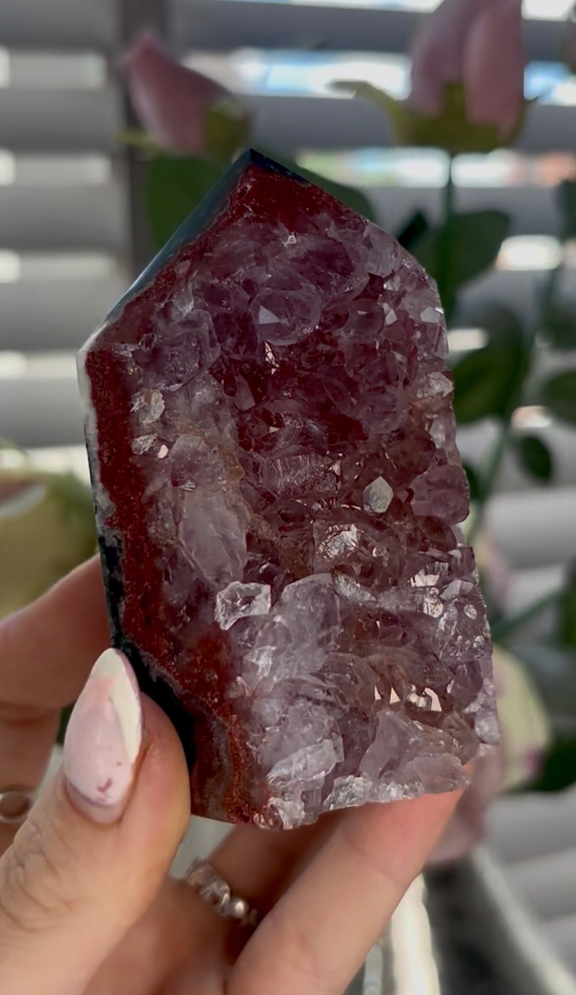 Beautiful, high quality, Pink amethyst tower with red quartz druzy on a Green jasper back