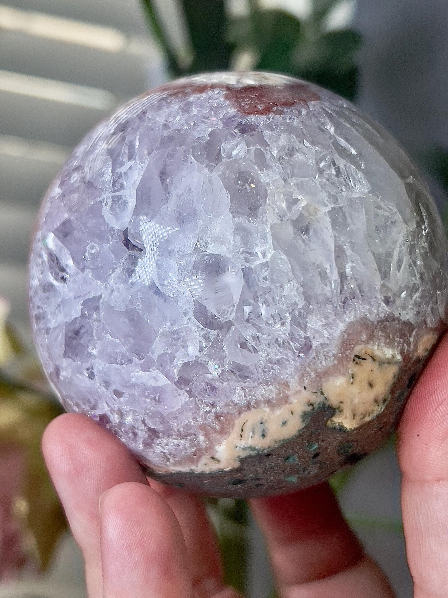 high grade, gorgeous pink amethyst sphere, with incredible quartz druzy