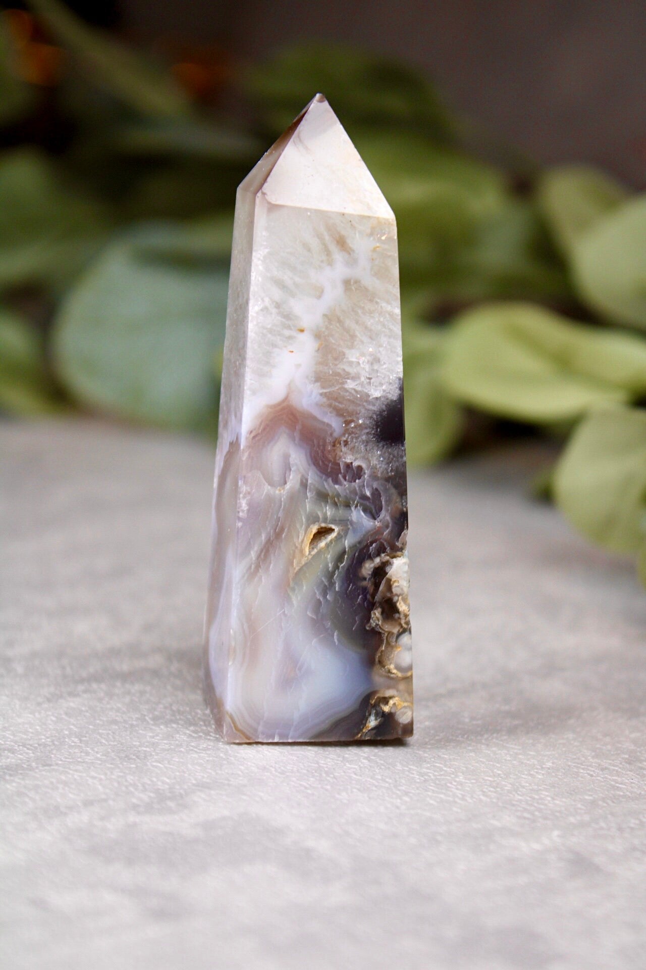 Gorgeous green chlorite tower x black flower agate