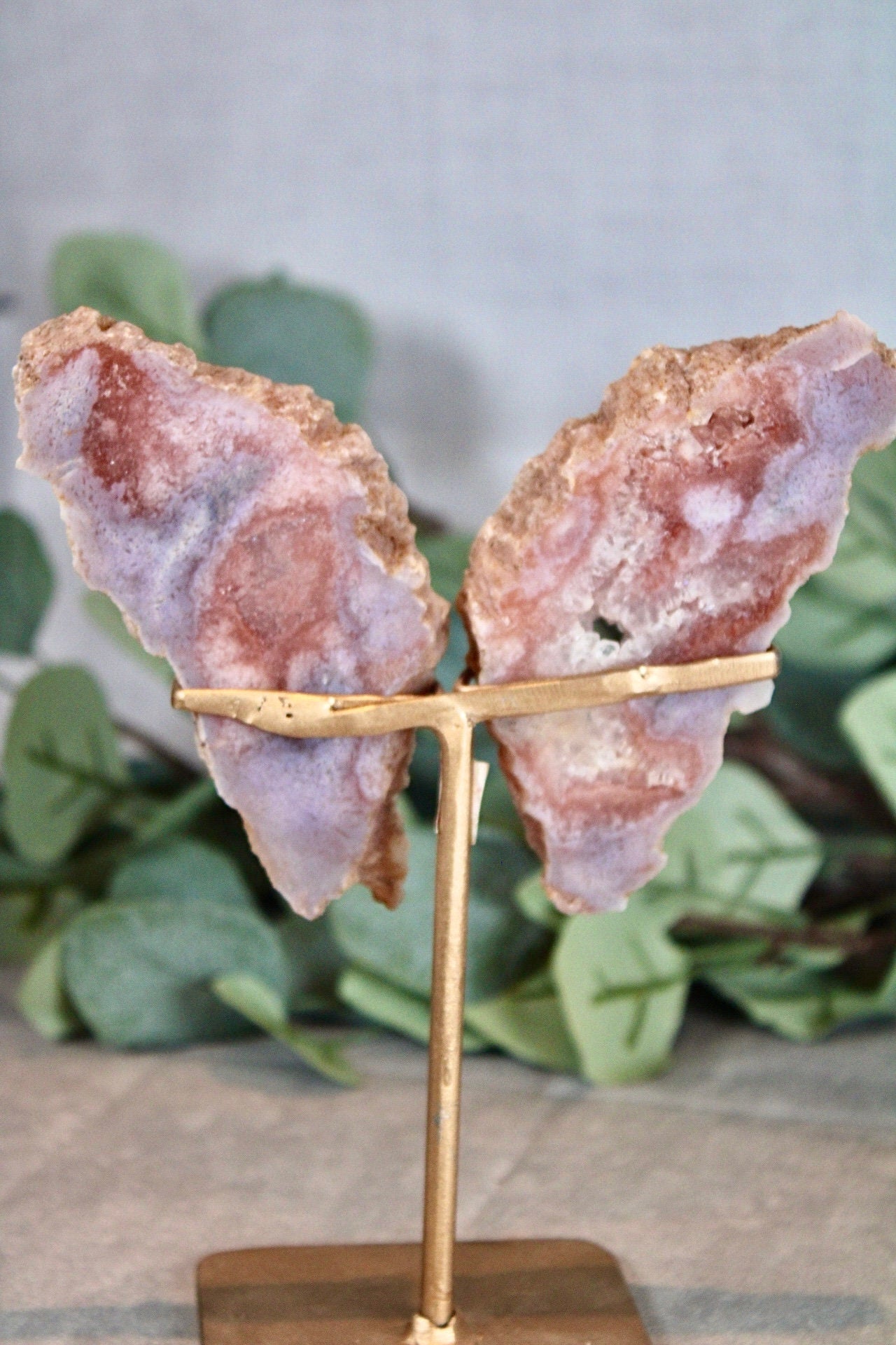 Pink amethyst x flower agate slab butterfly wings on stand