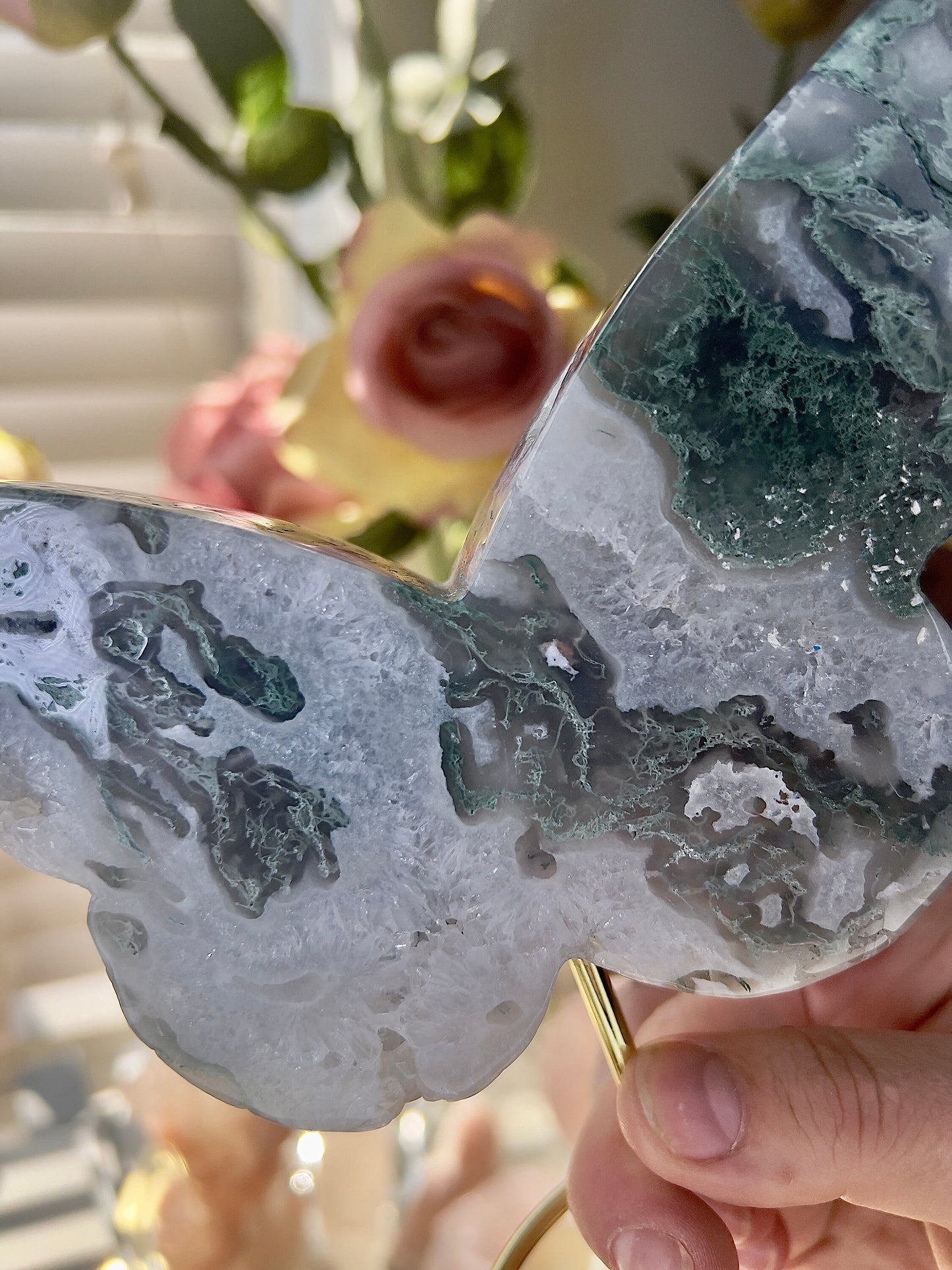 High grade, moss agate butterfly with gold pedestal stand