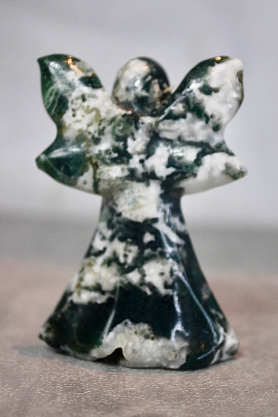 Moss agate, fairy, carving 8cm (h)