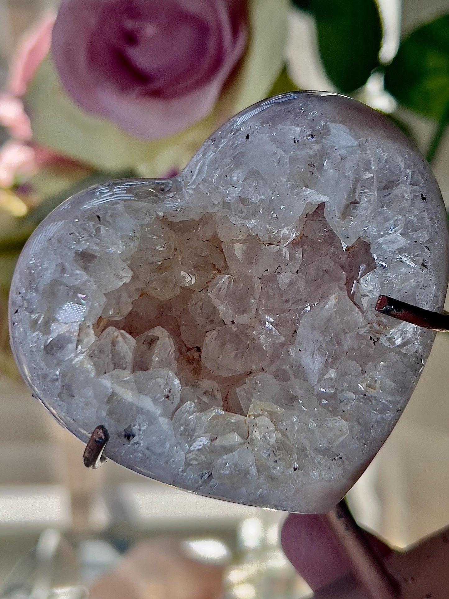 Pink amethyst & quartz heart on custom stand - which has scratches (discount added) can easily be repainted