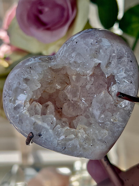 Pink amethyst & quartz heart on custom stand - which has scratches (discount added) can easily be repainted