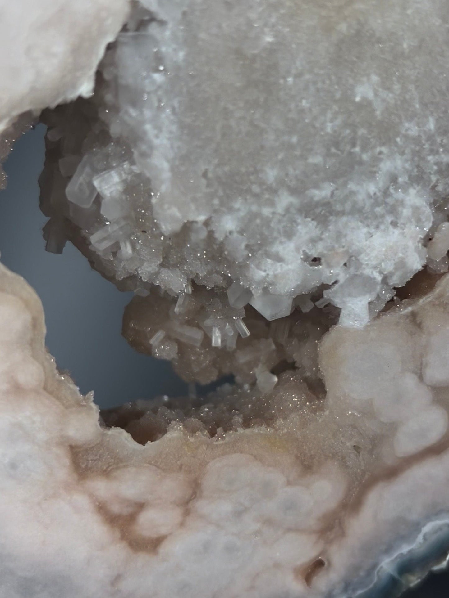 High grade, round pink amethyst slab with green jasper edging & rare cubic calcite inclusions