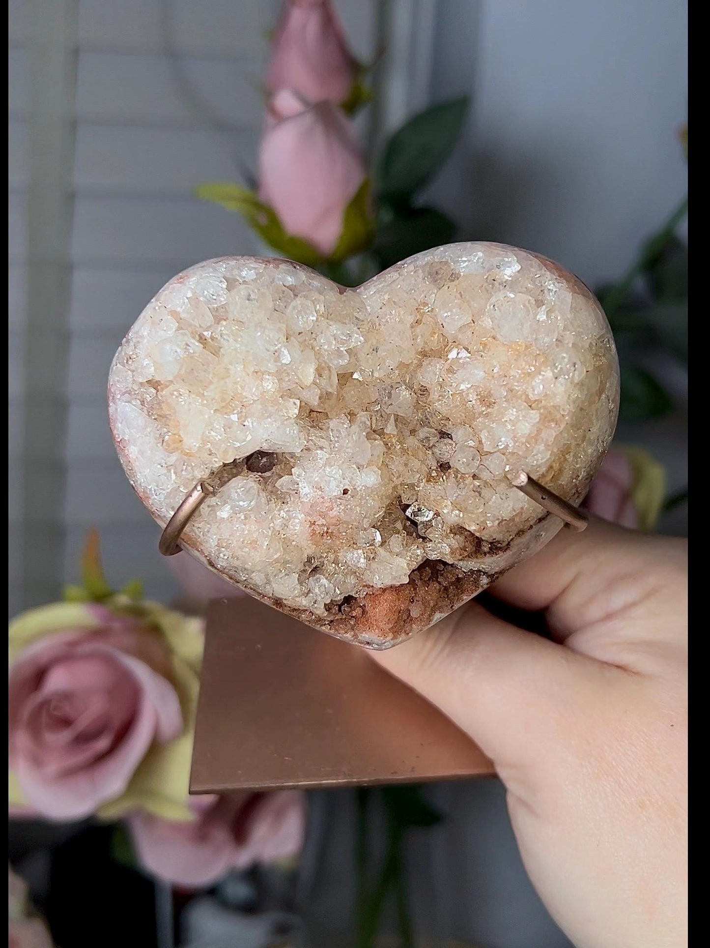 Pink amethyst heart with a high clarity quartz with stand