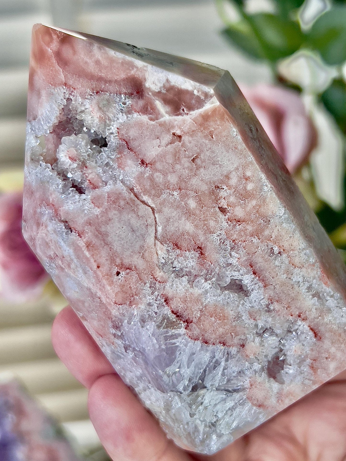 High quality, druzy, peach toned, pink amethyst tower with quartz 360g 10cm(h) 5.5cm(w)