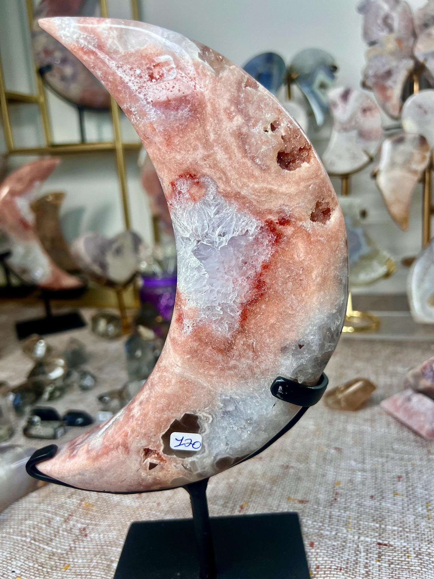 High grade, pink amethyst moon in pink, peach, red, & baby blue tones with gorgeous quartz