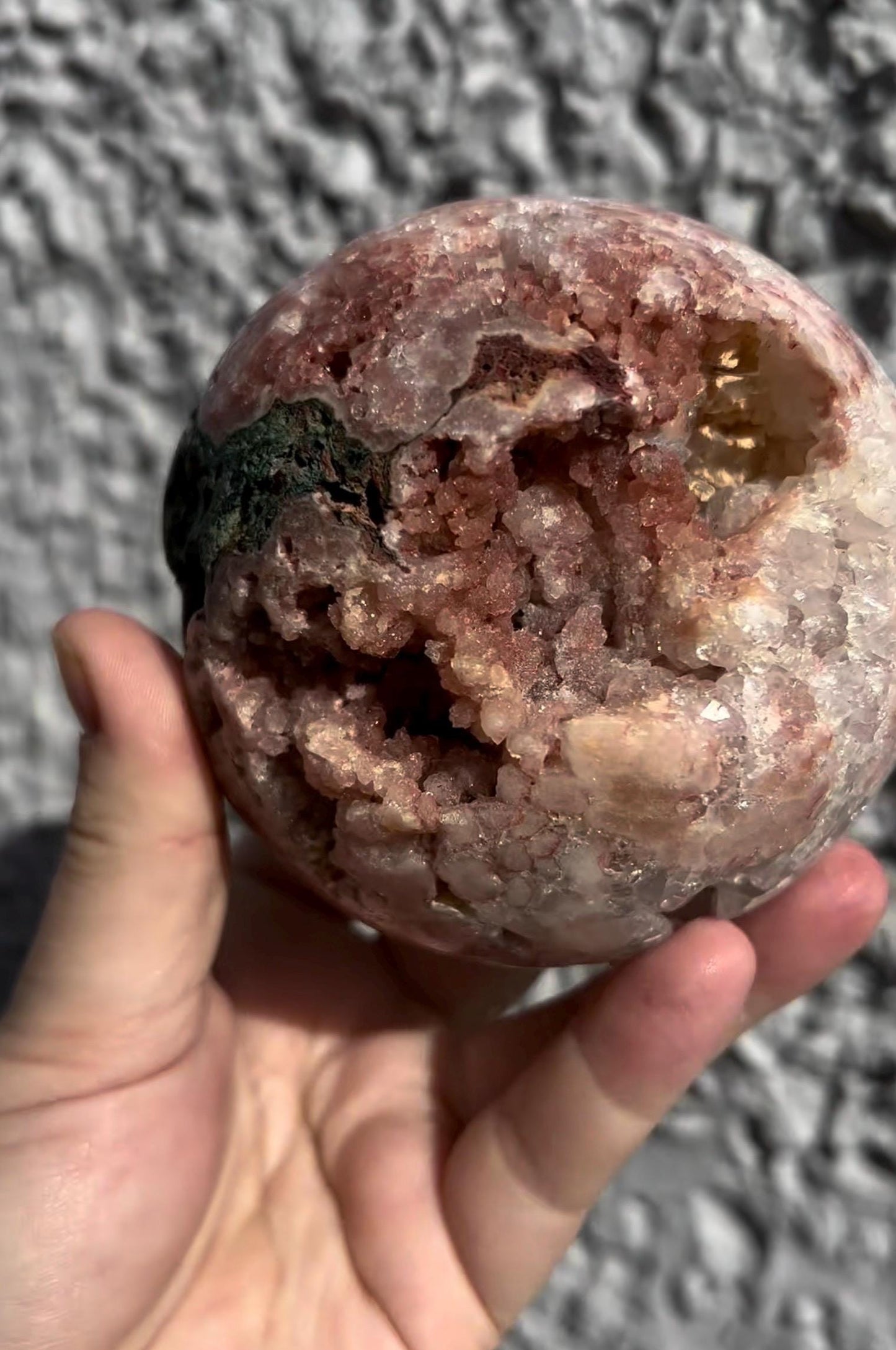 high grade, large, statement, pink amethyst sphere, with incredible quartz & red sugar druzy 1.230kg