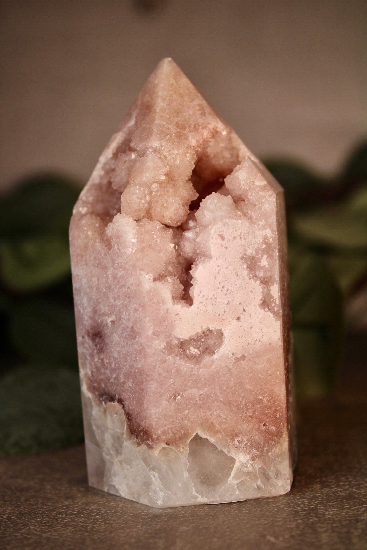 High grade pink amethyst tower with quartz bottom 295g 9.5cm tall