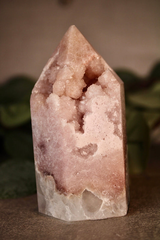 High grade pink amethyst tower with quartz bottom 295g 9.5cm tall