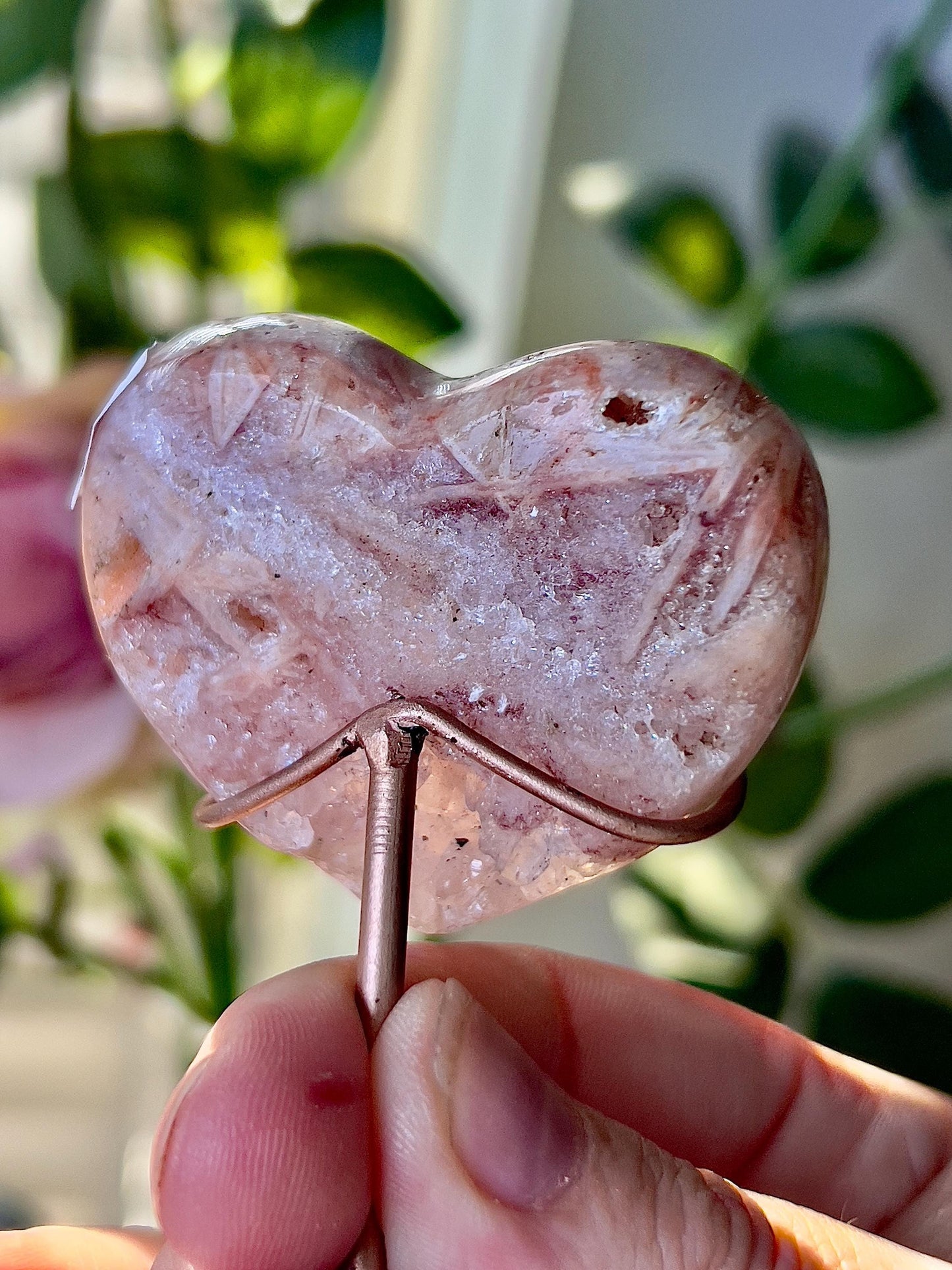 Mini, high grade, pink amethyst haert with rutile markings on custom stand