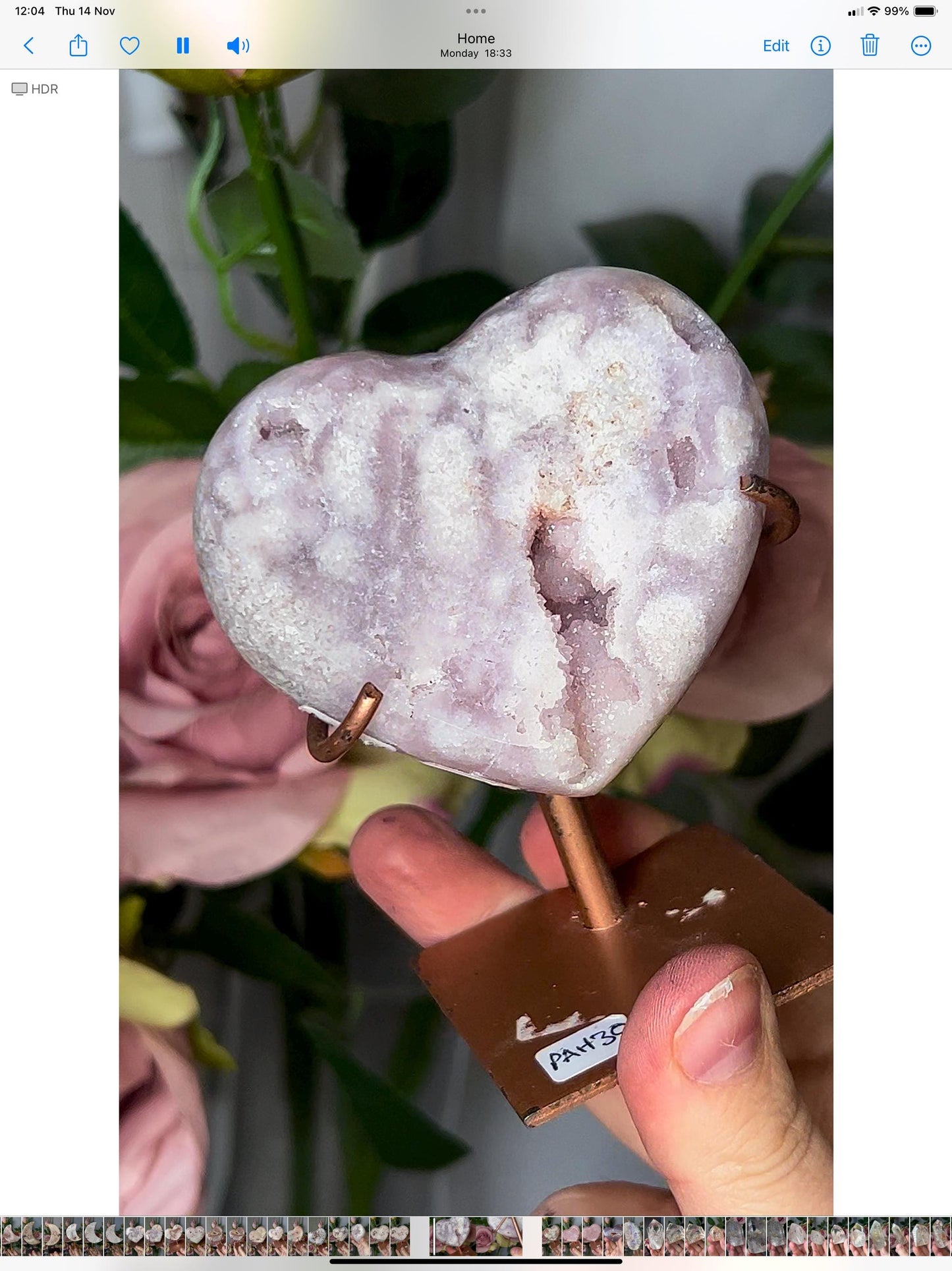 Beautiful, lilac, pink amethyst heart in with sugar druze, on stand which has scratches but can be repainted easily