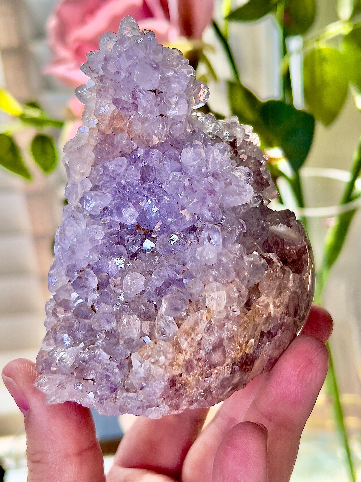 high quality, lilac, high clarity quartz druzy , pink amethyst Freeform with stalactite