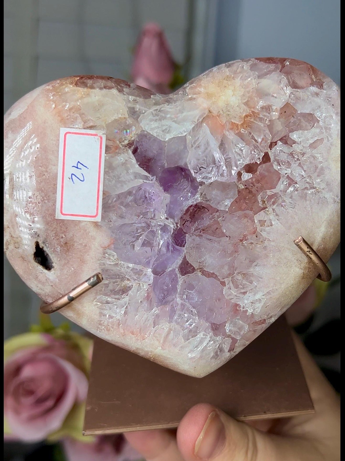 High grade, pink amethyst heart with a Beautiful flower, purple quartz & hematite lining 510g with stand