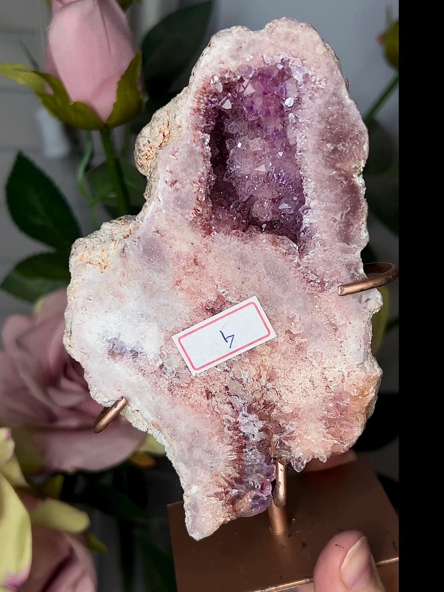 High grade, gorgeous, pink amethyst slab with purple druzy on stand