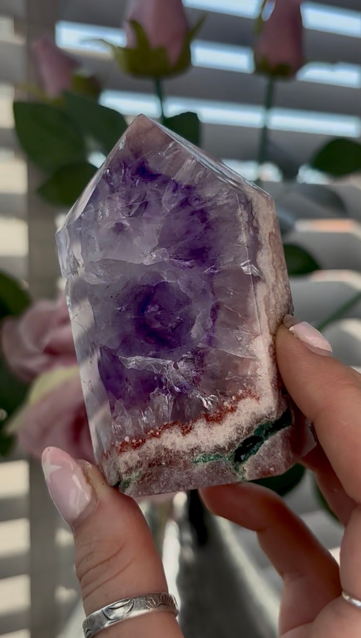 Beautiful, high quality, Pink amethyst tower with purple quartz & Green jasper 9cm