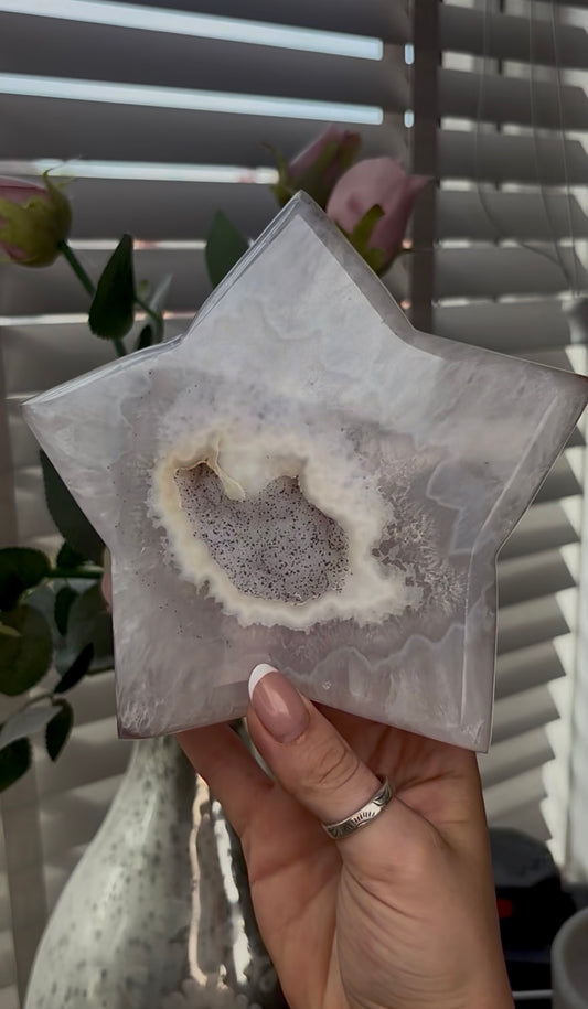 Beautiful, large, high grade, agate star with druzy - comes with stand