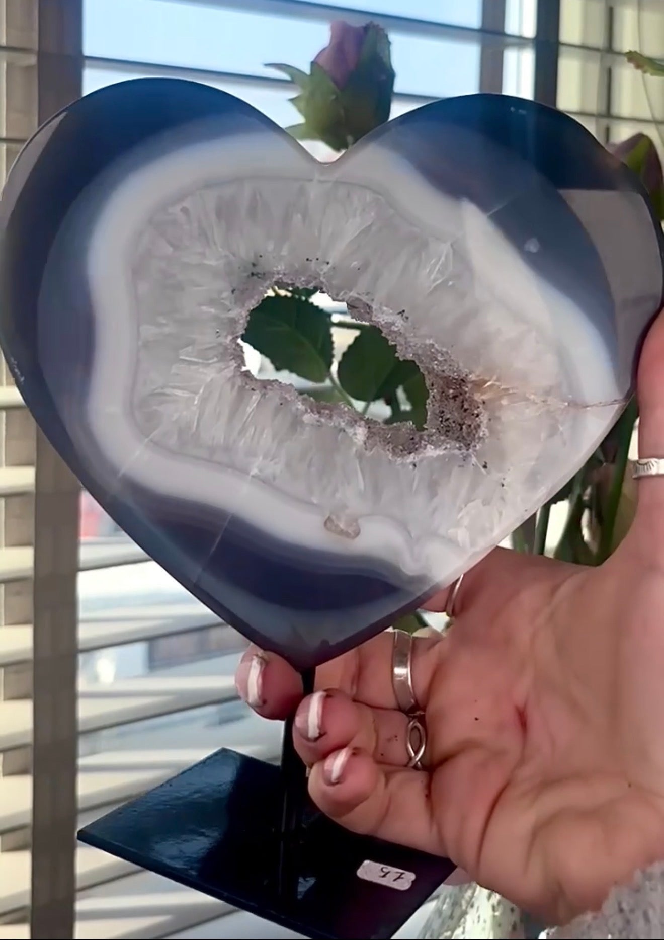 Gorgeous, high grade, blue banded agate heart on stand