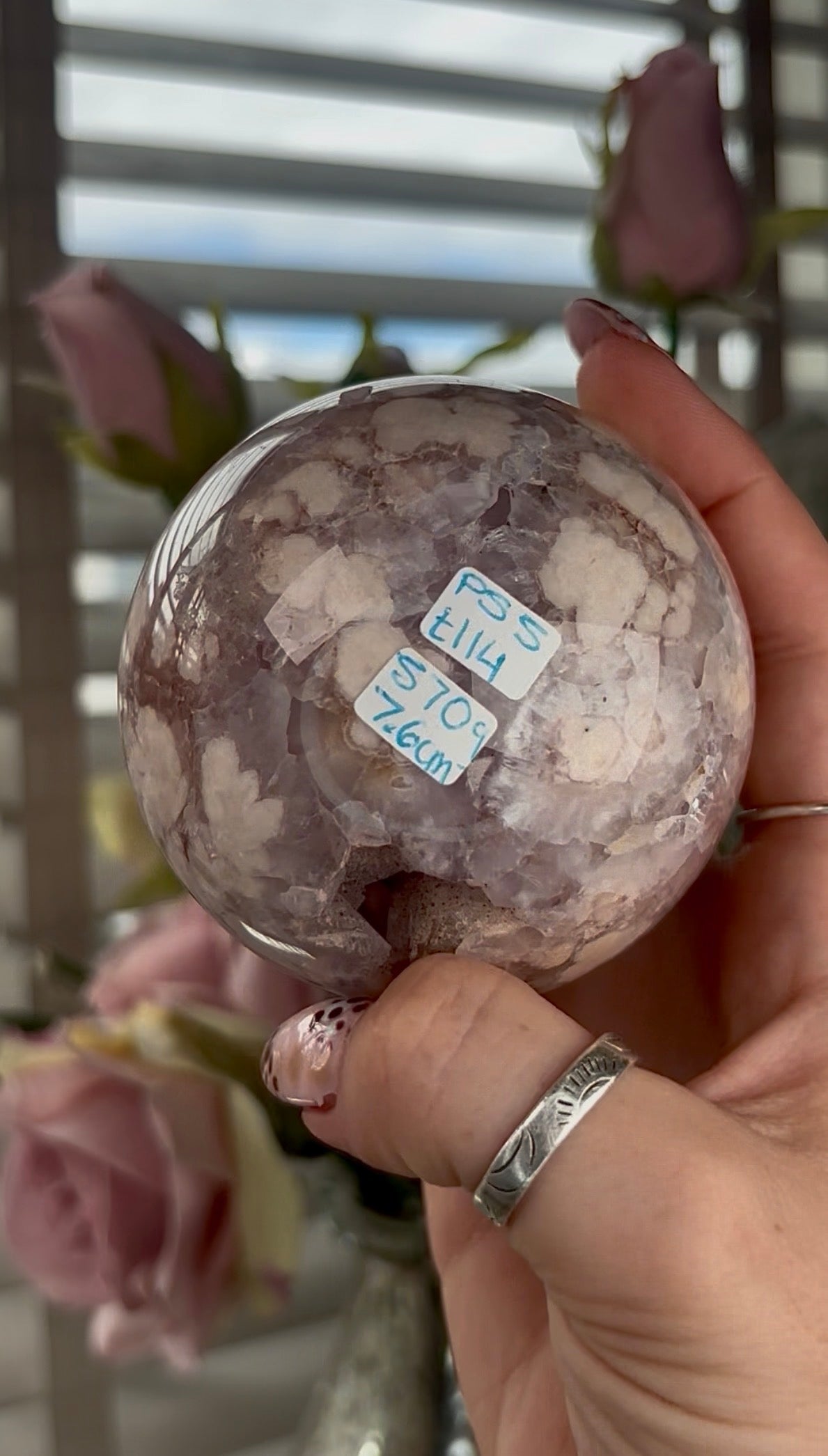 amethyst Flower agate sphere with high clarity quartz - 7.5cm