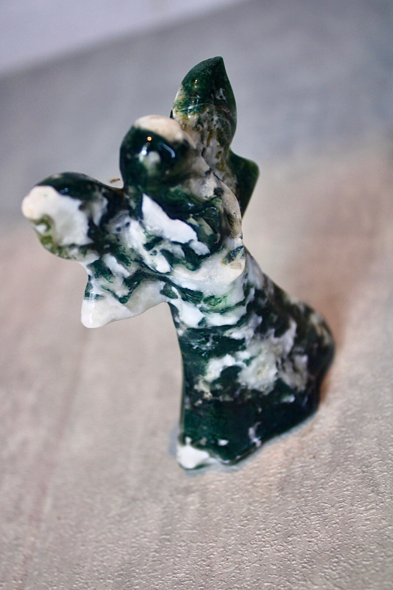 Moss agate, fairy, carving 8cm (h)