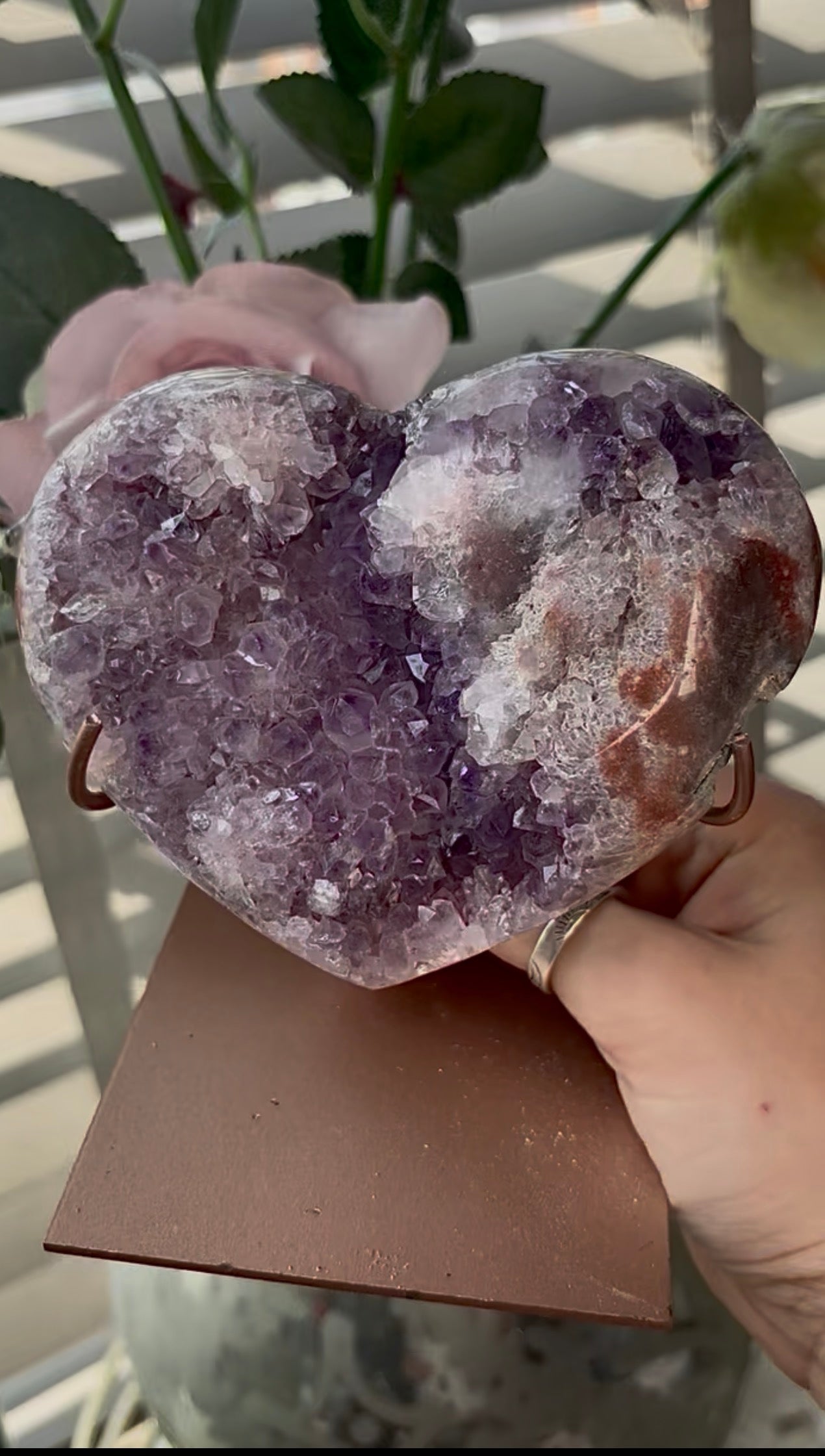 Gorgeous, high quality, pink amethyst heart with purple quartz - comes with stand