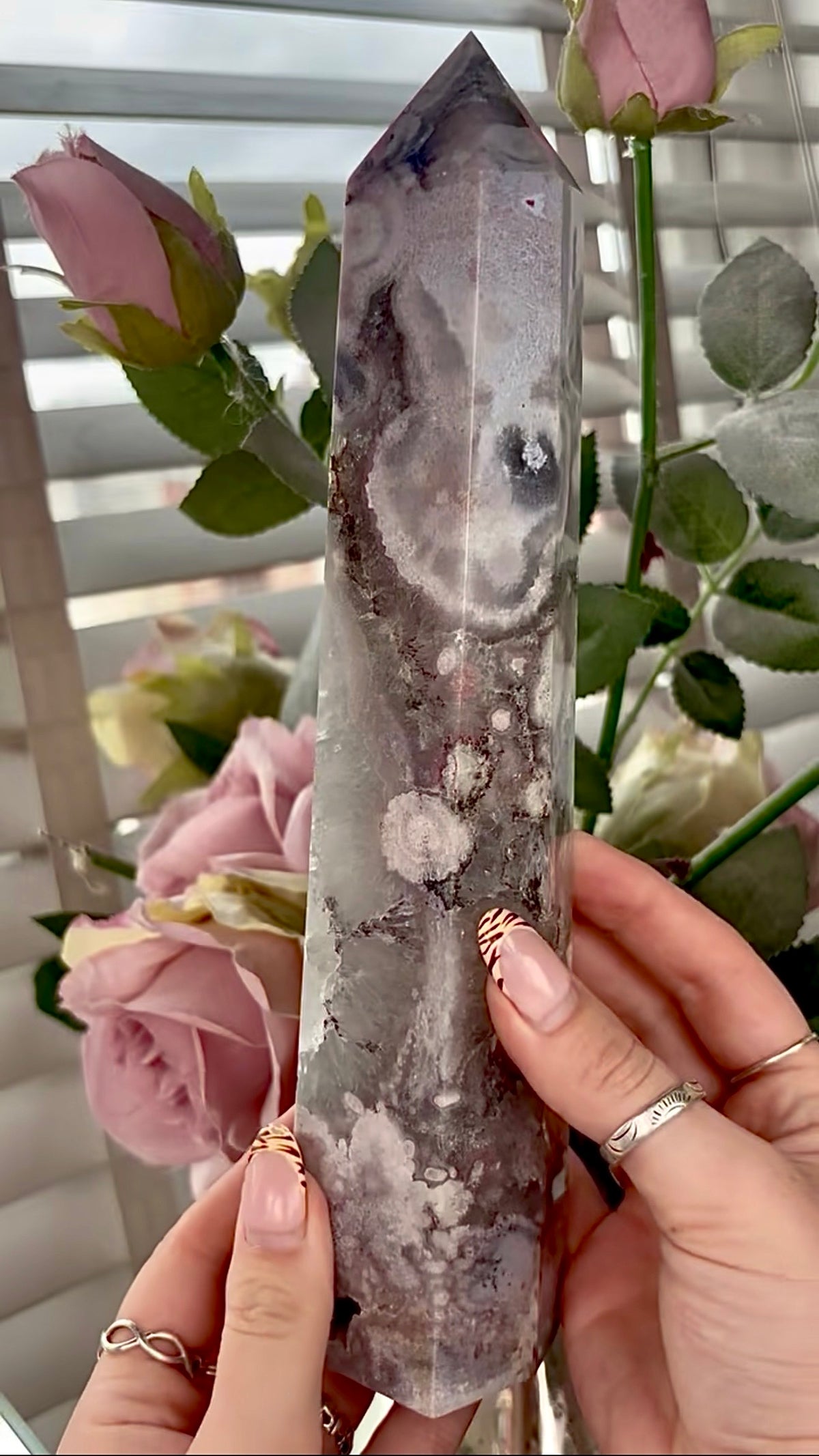 Stunning!! Super high quality, Druzy, green chlorite x blue flower agate tower