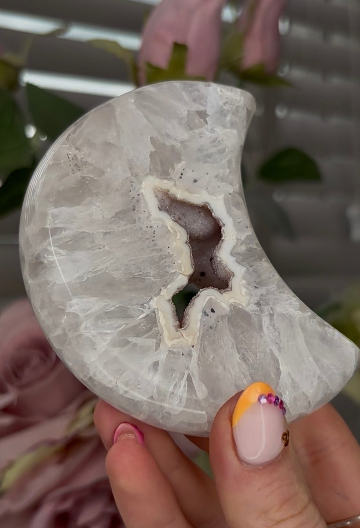 Beautiful, high grade, agate moon with druzy - comes with stand