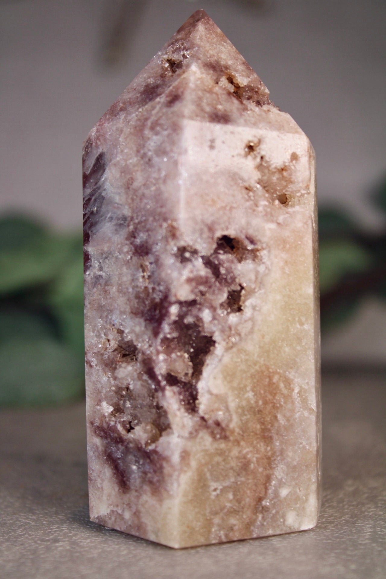 Golden, druzy, pink amethyst tower from brazil 300g 10.5cm (h)