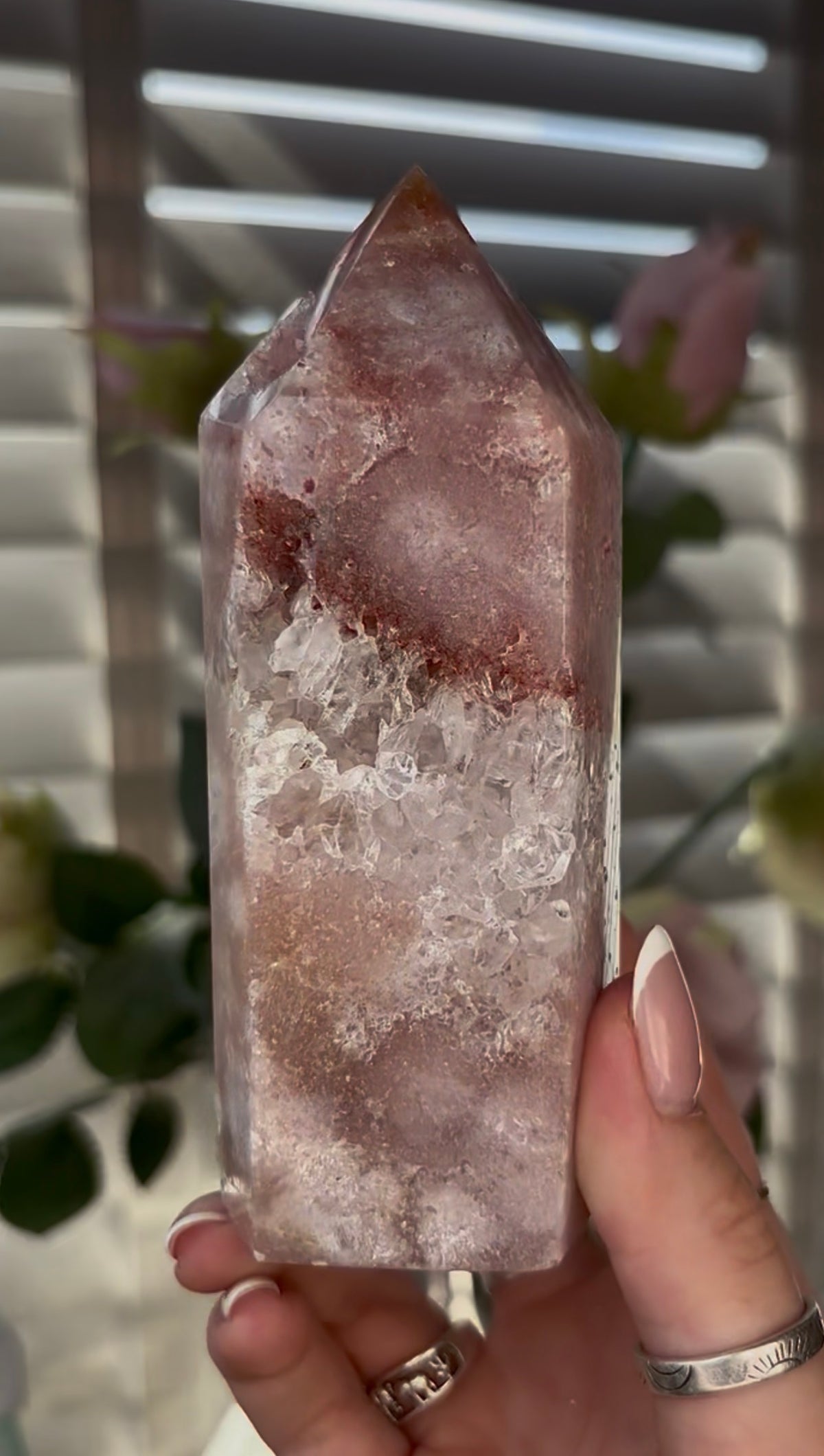 Beautiful, Pink amethyst tower with quartz 12.5cm(h) by 5cm(w)
