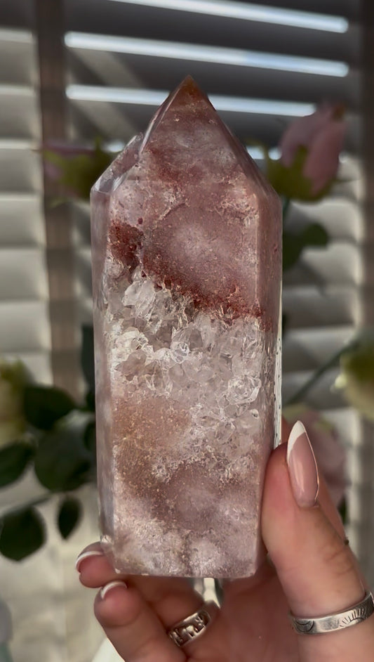 Beautiful, Pink amethyst tower with quartz 12.5cm(h) by 5cm(w)