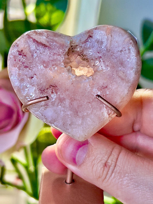 Mini, high grade, pink amethyst haert with rutile markings on custom stand