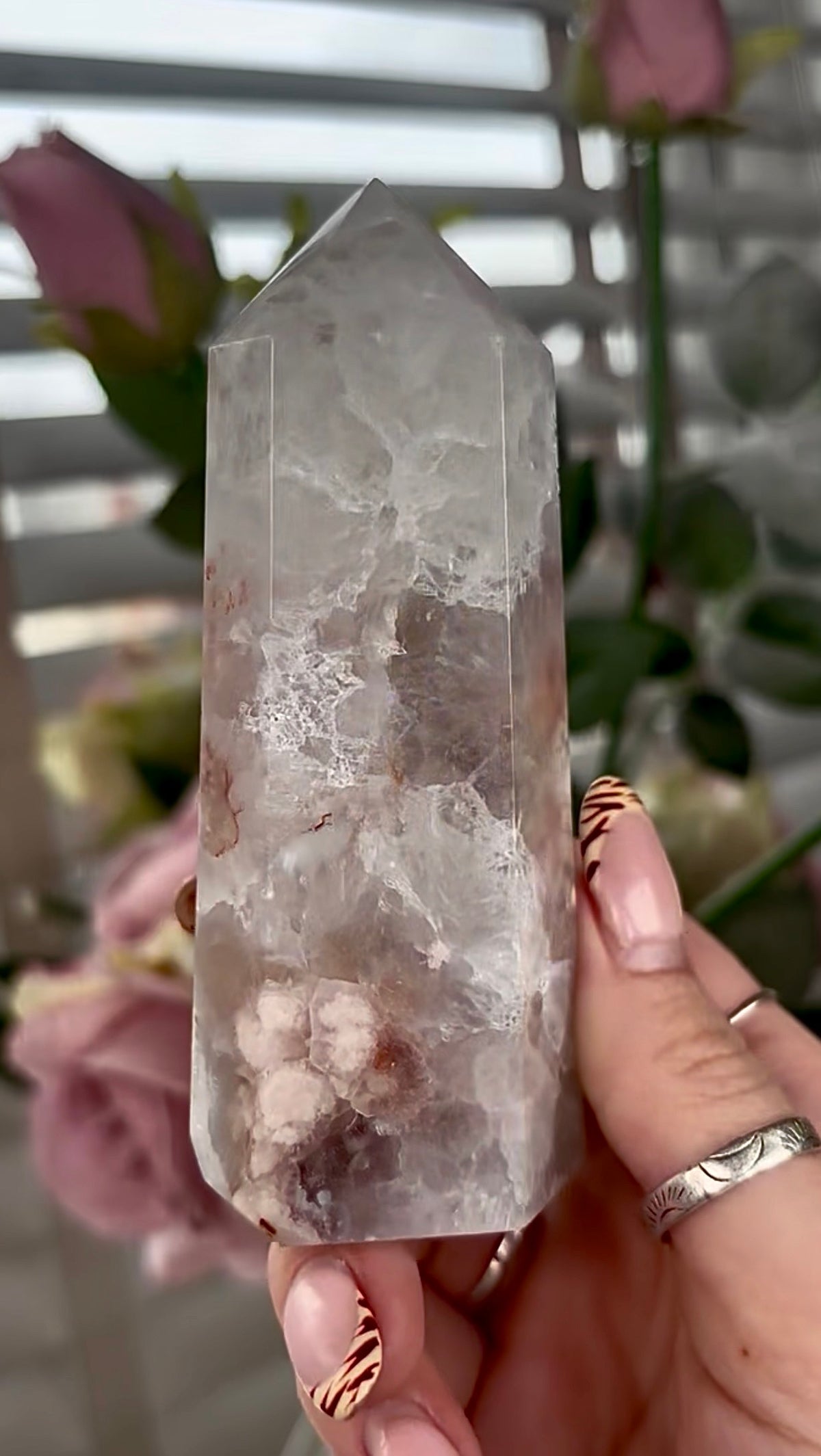 Stunning!! Super high quality, Druzy, green chlorite x blue flower agate tower