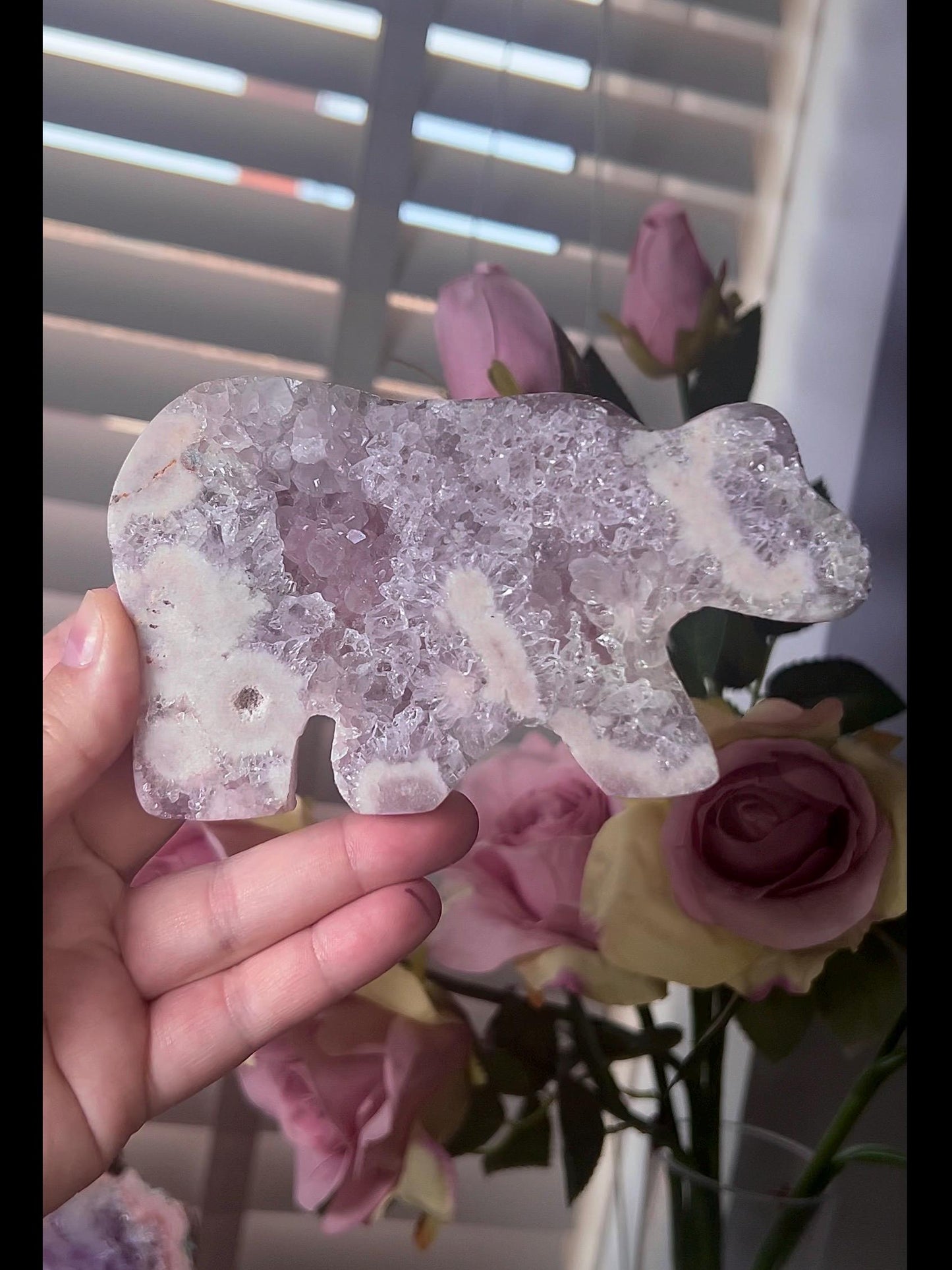 High grade, pink amethyst bear carving with lavender quartz druzy