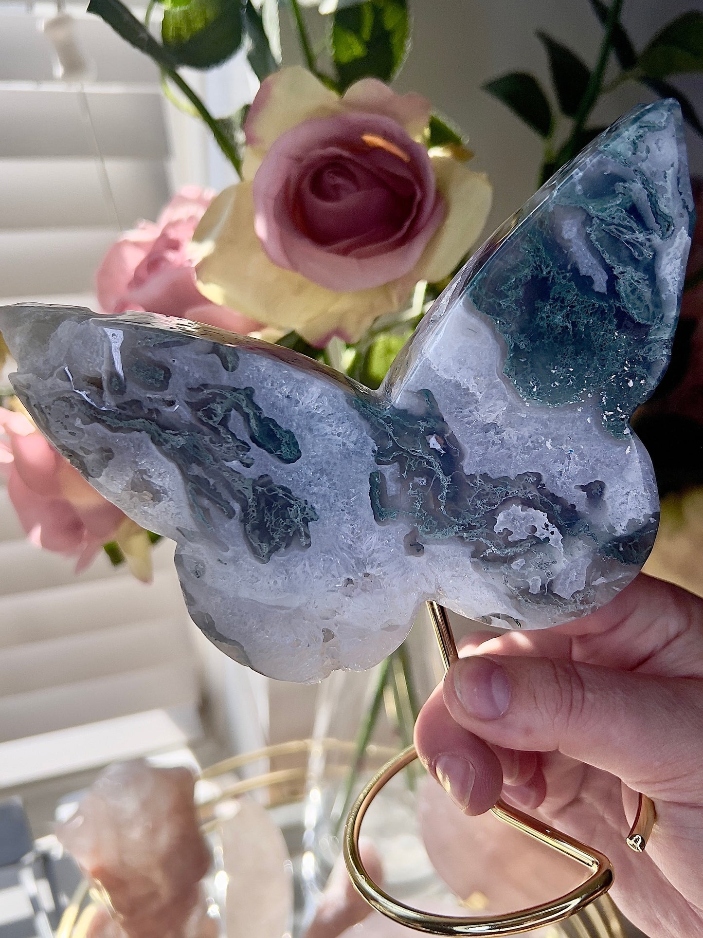 High grade, moss agate butterfly with gold pedestal stand