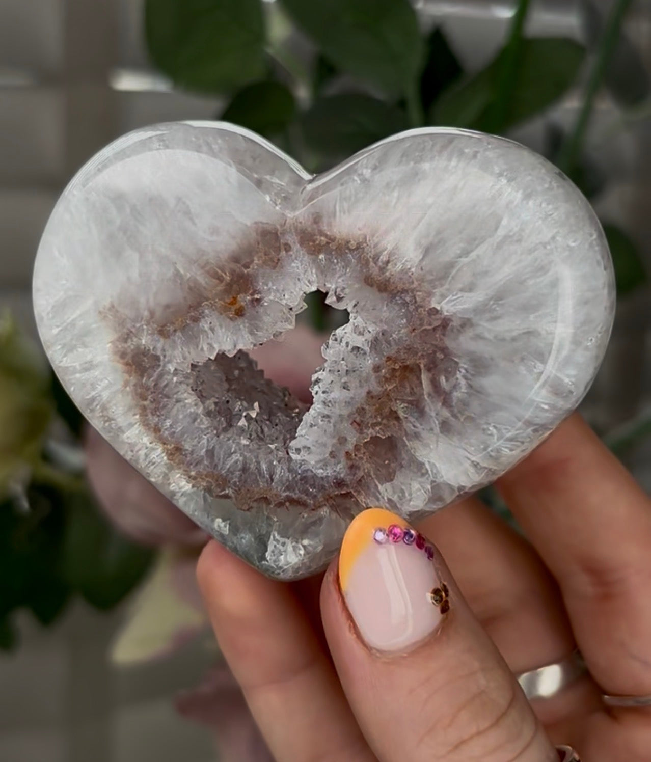 Beautiful, high grade, agate heart with druzy - comes with stand