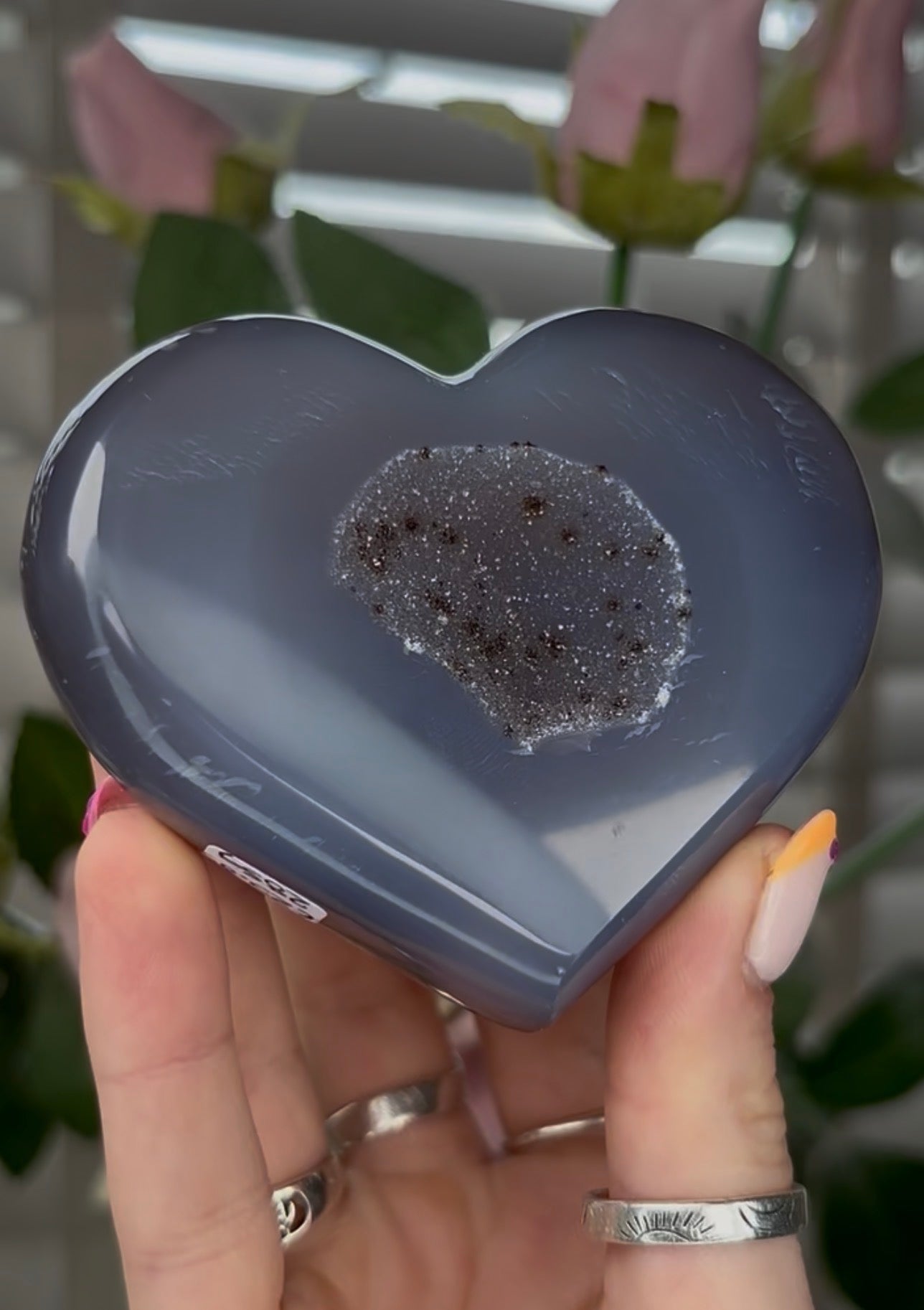 Beautiful, high grade, blue agate heart with druzy - comes with stand