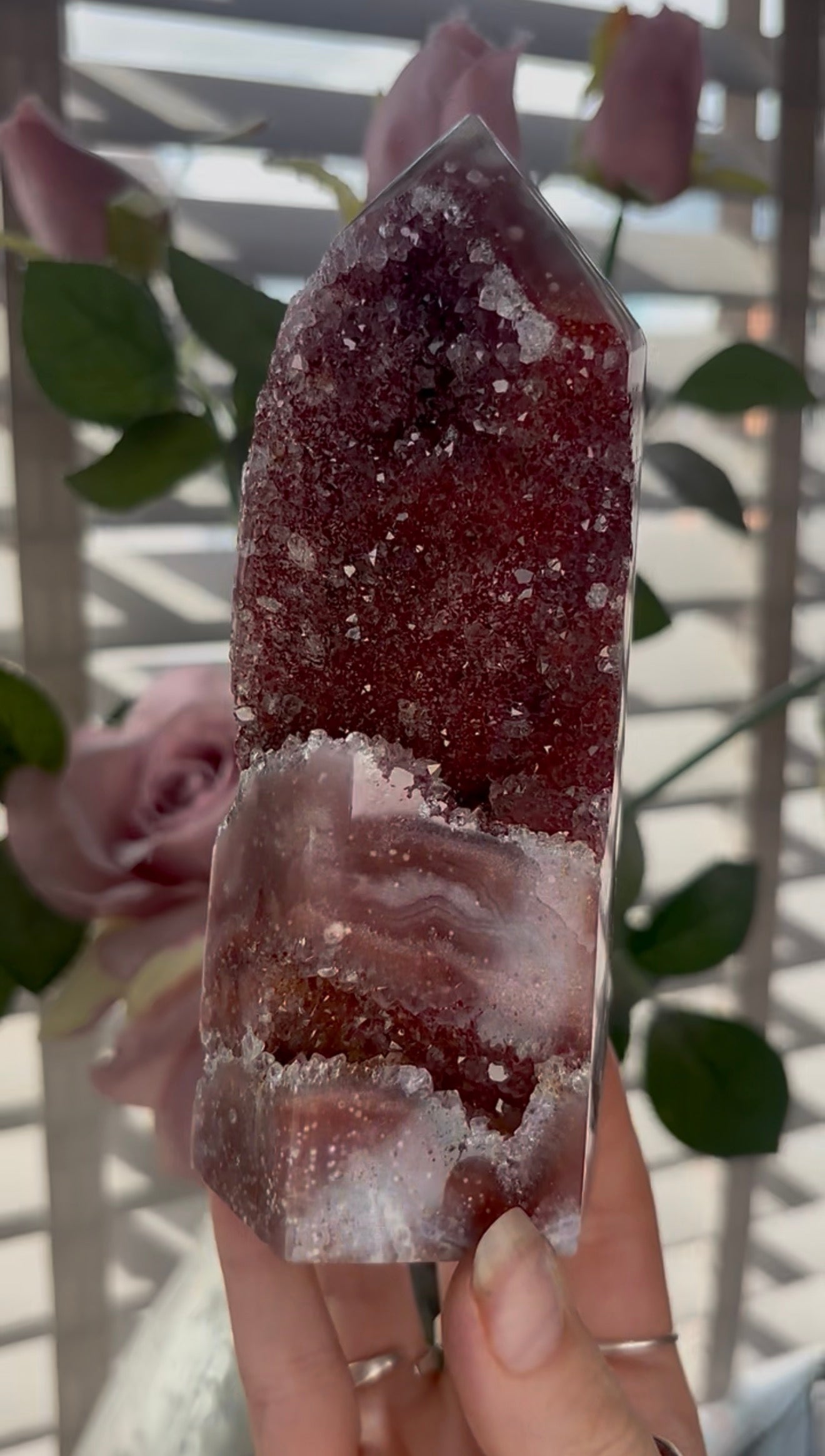 Incredible, high quality, Pink amethyst tower in red tones with sugar druzy