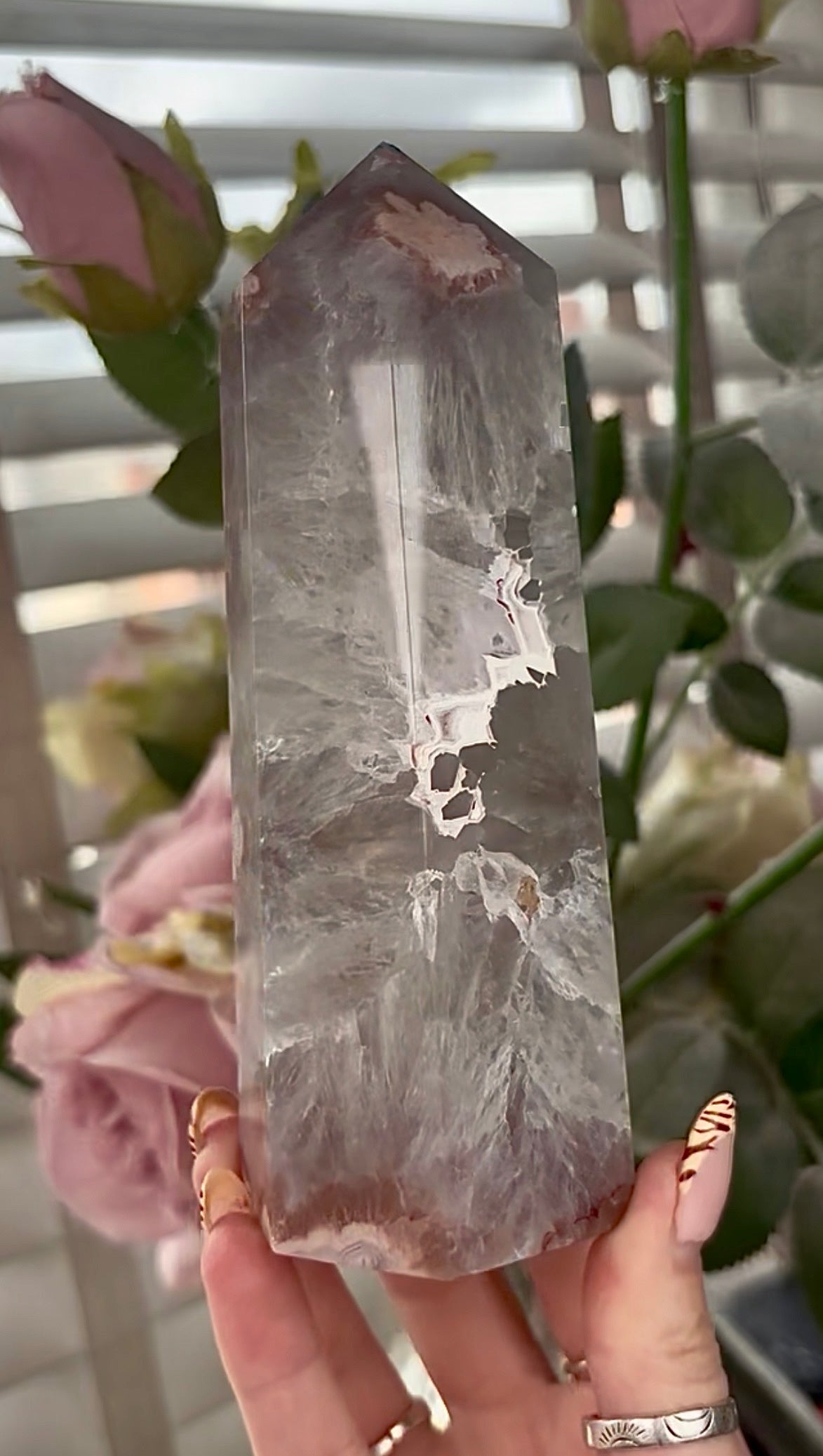 Stunning!! Super high quality, Druzy, green chlorite x blue flower agate tower