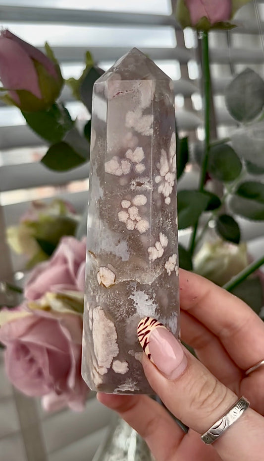 Stunning!! Super high quality, Druzy, green chlorite x blue flower agate tower