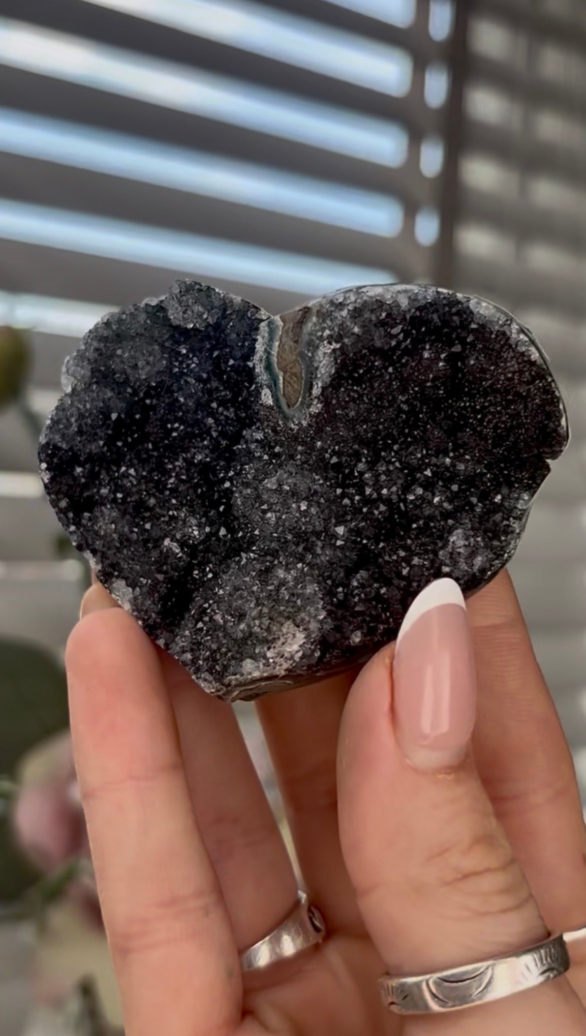 Uruguay, rainbow amethyst heart in black tone - comes with stand