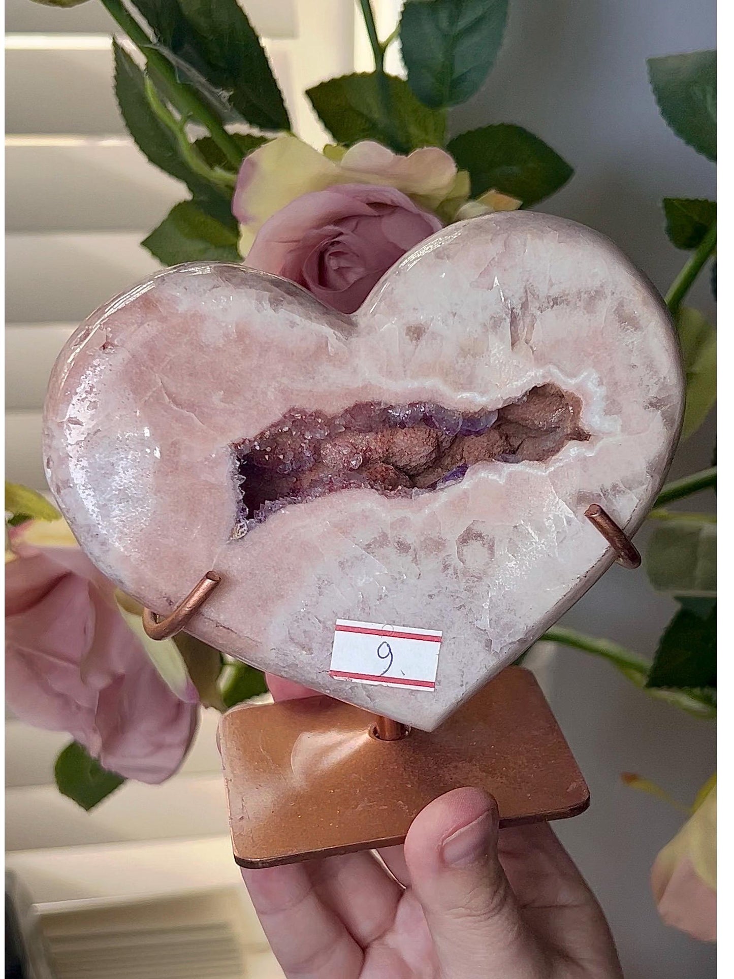 Extra high quality, large Chonky, pink amethyst heart, with purple/ red quartz druzy mouth 850g