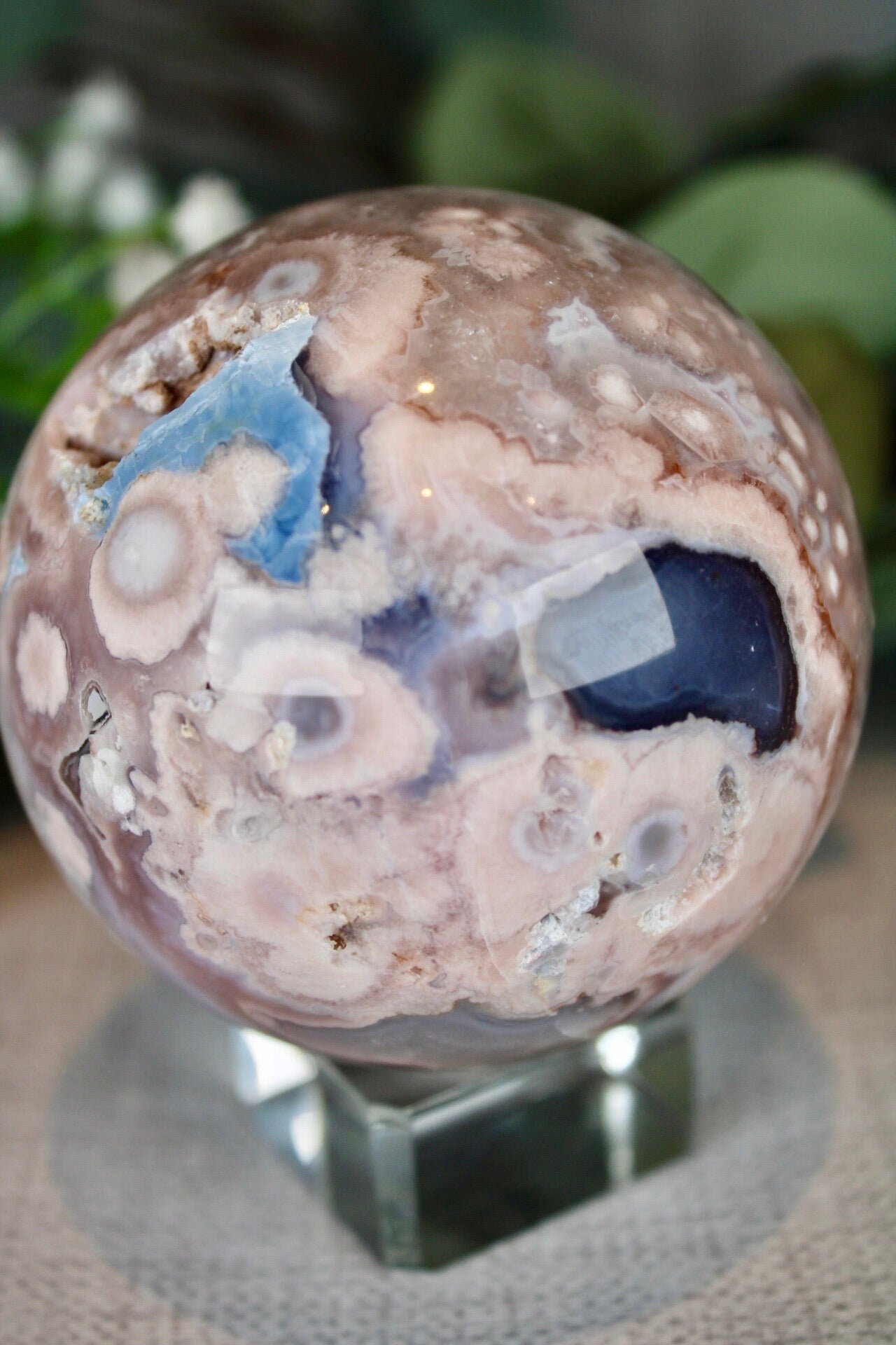 Blue flower agate with chlorite 565G 7CM