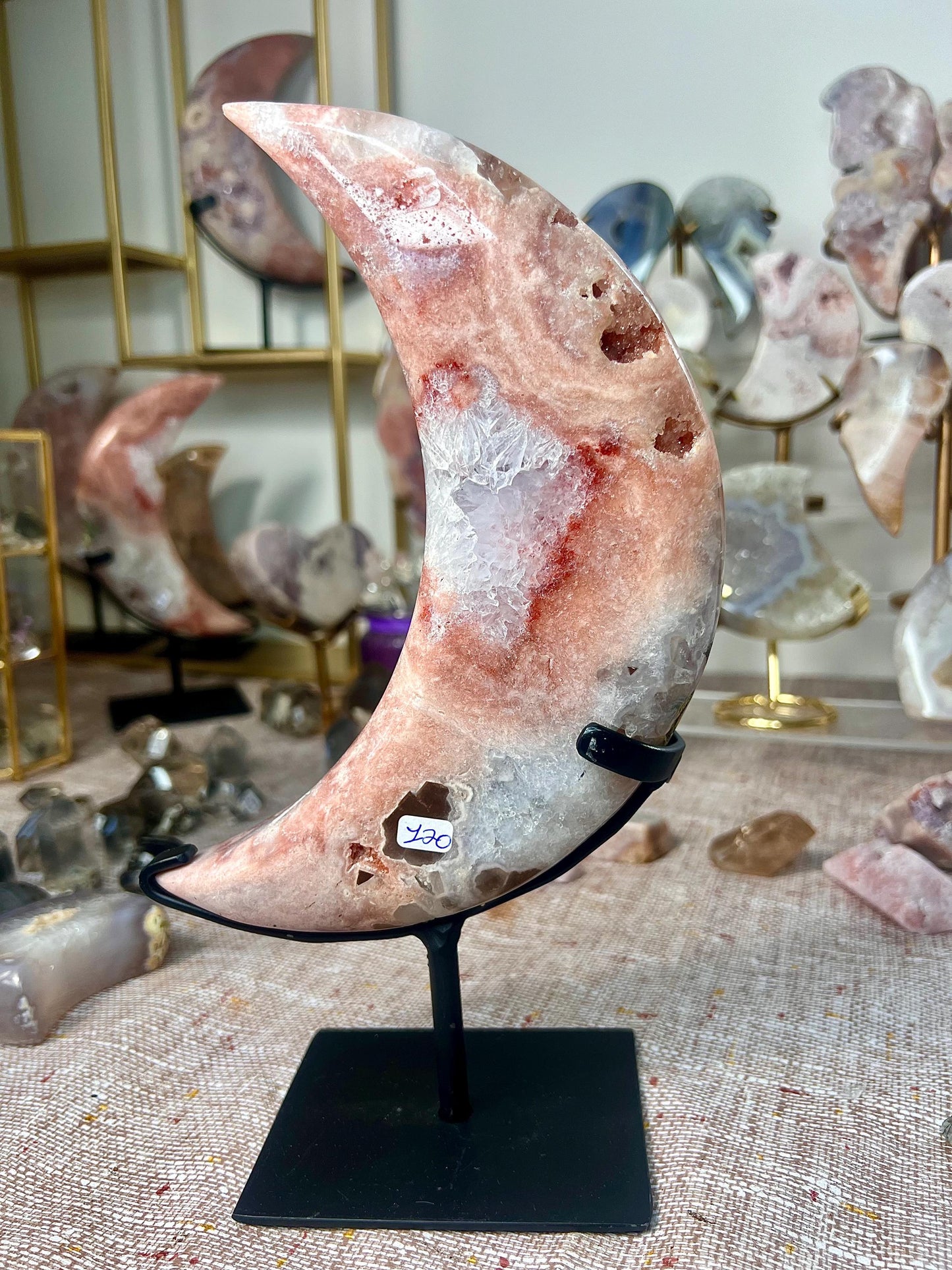 High grade, pink amethyst moon in pink, peach, red, & baby blue tones with gorgeous quartz