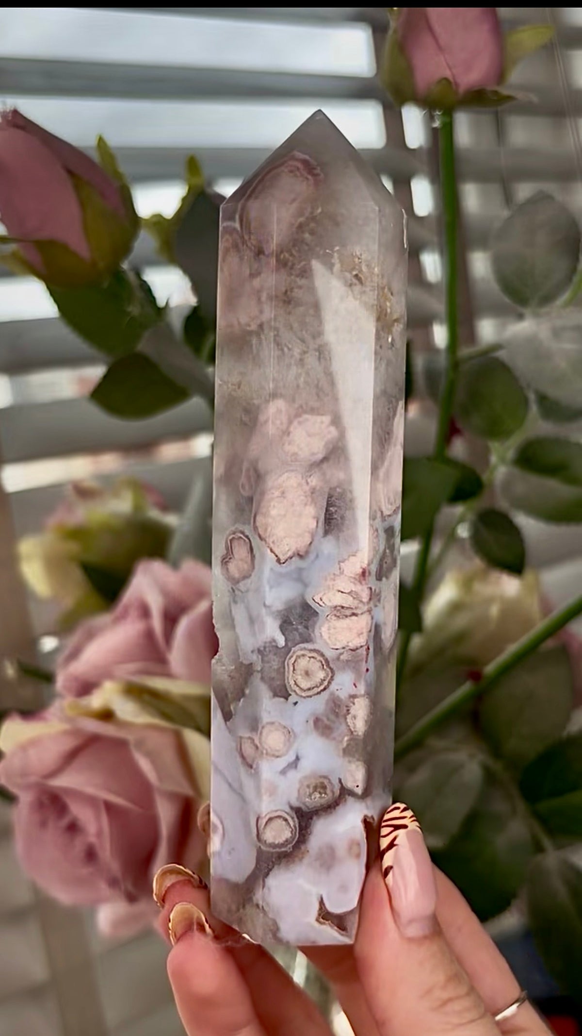 Stunning!! Super high quality, Druzy, green chlorite x blue flower agate tower