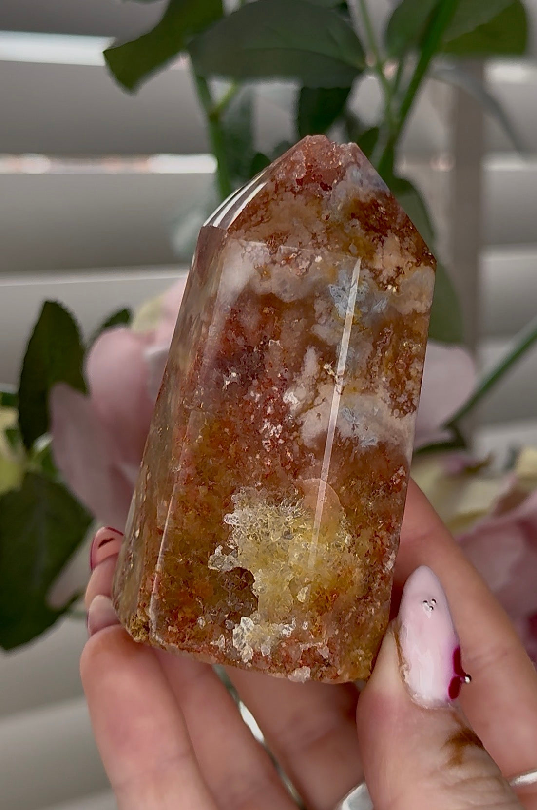 Pink amethyst tower with with agate & golden healer inclusions 8cm by 4.5cm