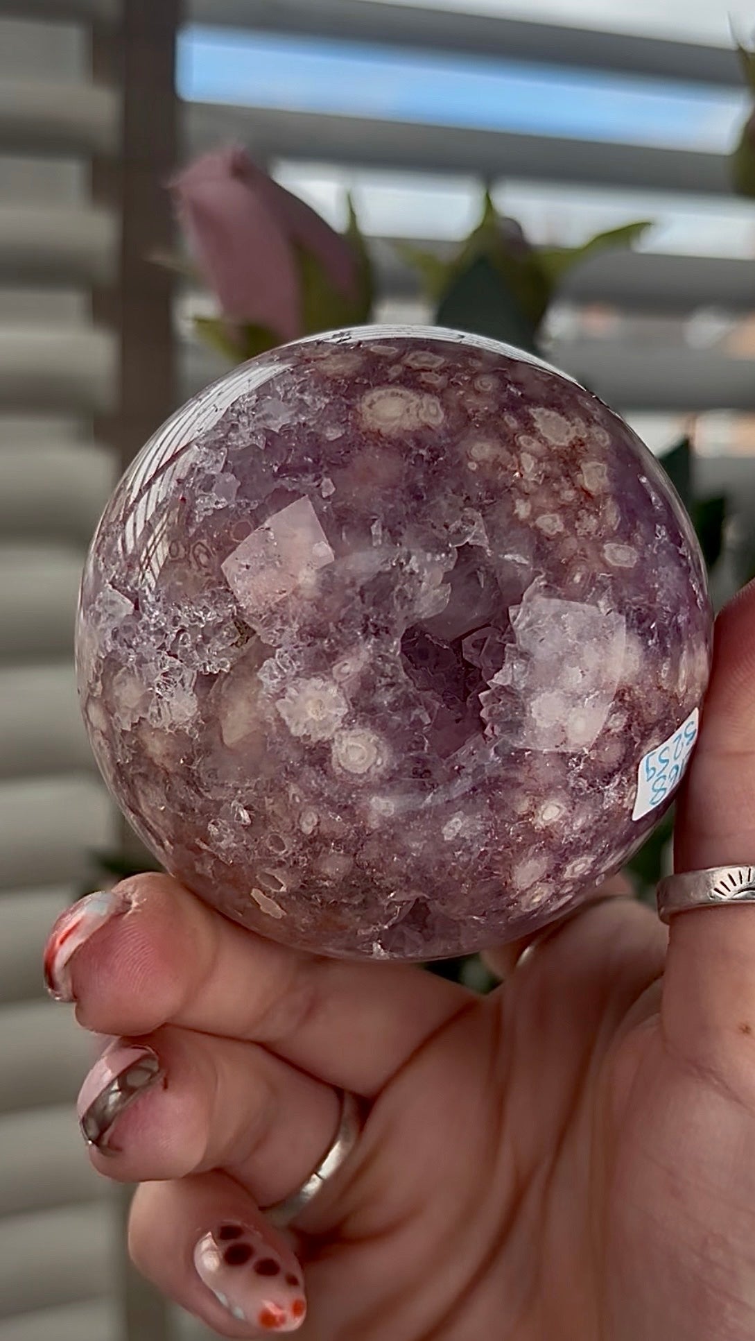 High grade, amethyst Flower agate sphere with high clarity quartz